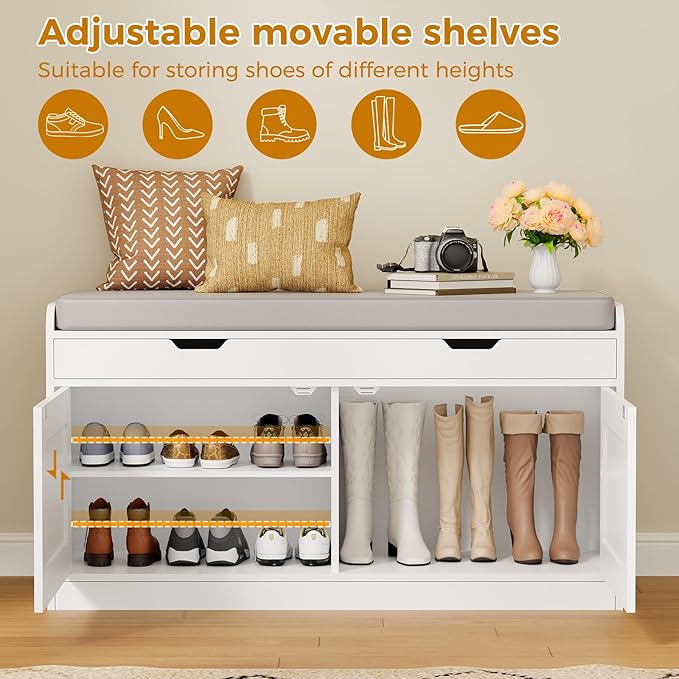 2-Tier Storage Bench, 39.4" Wide Shoe Bench with Lift-Up Top, Shoe Storage Bench with Cushion, Shoe Cabinet with Handleless Doors and Adjustable Shelf for Entryway, Bedroom, White KHD02W