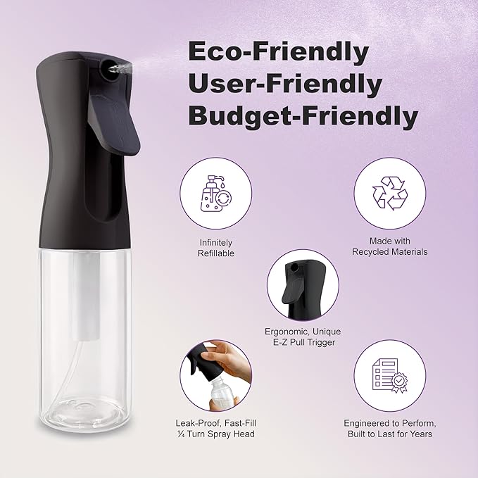 2 Pack Spray Bottles for Hair - Continuous Water Mister Spray Bottles with Ultra Fine Mist Spray for Hairstyling, Barbers, Salons, Skin Care, Cleaning, Plants, Pets (Ebony, 6.8 oz)