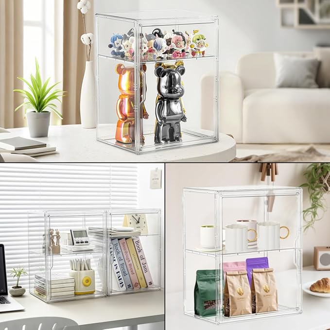 Acrylic Display Case for Collectibles, Clear Storage Bin with 3 Adjustable Layers and 1 Removable Divider, Stackable Clear Storage Box with Magnetic Door for Figures, Home or Office,Large