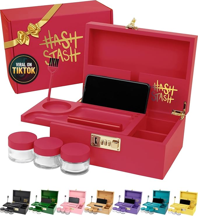 The OG Storage Box - Large Bamboo Box with Combination Lock, Magnetic Lid, Organizer Tray, Airtight Tube, Brush and 3 Glass Jars - Low Profile Decorative Storage Lock Box with Accessories (Red/Gold)