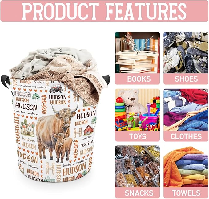 Highland Cow Laundry Basket,Custom Laundry Hamper with Name,Personalized Highland Cow Gifts for Boys Girls,Customize Collapsible Laundry Basket for Bedroom Bathroom,M-19.5"X 15.7"