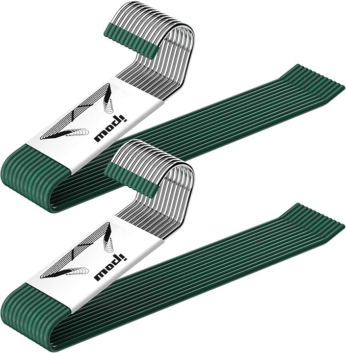 IPOW 4MM Heavy Duty Metal Pants Hangers, 24 Pack Jean Hangers for Closet, Open Ended Clothes Hanger for Pant Slack Trouser Scarf, Space Saving, Non Slip, Dark Green