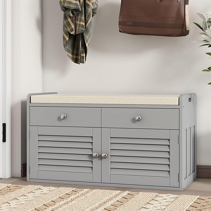 Shoe Storage Bench with Cushion, Shoe Bench, Padded Seat, 2 Drawer Storage, Entryway, Hold up to 300lbs, 15.8 x 32.29 x 18.1 Inches, Grey