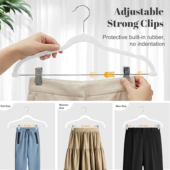 HOUSE DAY Velvet Skirt Hangers 24 Pack, White Velvet Hanger with Adjustable Clips, Space Saving Slim Pant Hangers, Heavy Duty Non Slip Clip Hanger for Pants, Skirts, Shorts