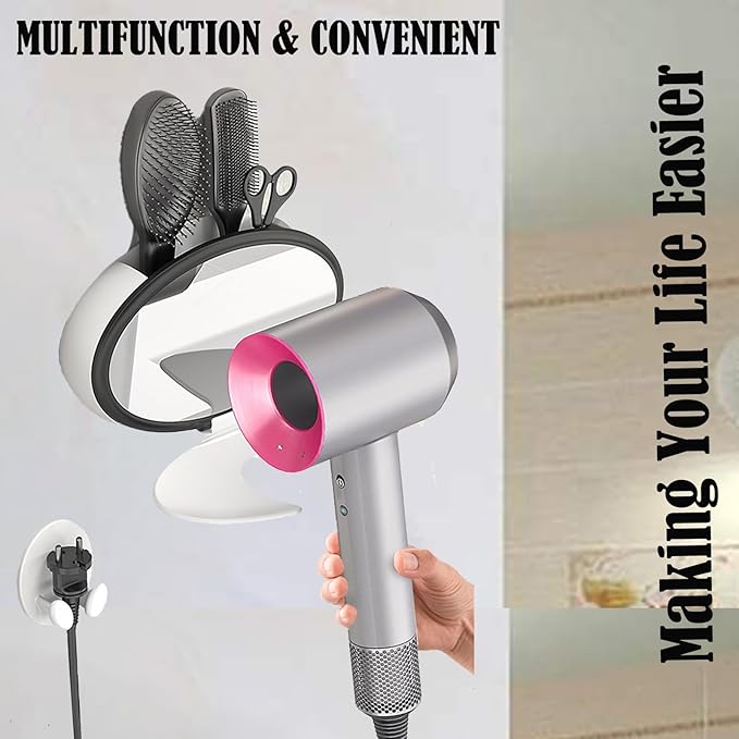 Foldable Hair Dryer Holder Wall Mount,Hair Blow Dryer Rack with Mirror,Adhesive Hair Dryer Storage,Hair Tool Organizer for Curling Iron,White Hair Dryer Support and Hair Dryer Shelf