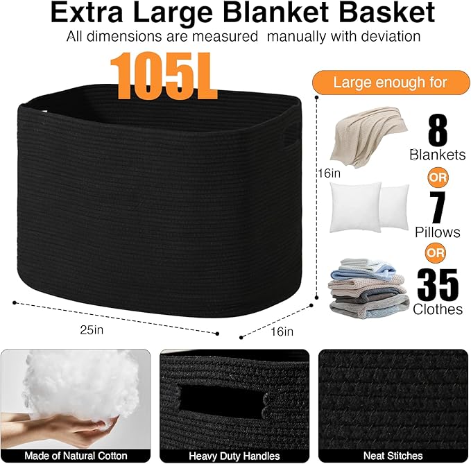 Large Black Blanket Basket, Storage Baskets for Blankets, Woven Baskets for Storage, Woven Cotton Rope Basket for Toys, Clothes, Shoes, Books, Black, 25”x16”x16” (105L)