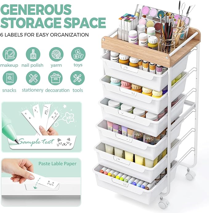 APEXCHASER 6-Drawer Plastic Organizers on Wheels,Rolling Storage Cart with Wooden Top, Mobile Drawer Unit for Classroom, Crafts, Art Supplies, and Home Organization,White