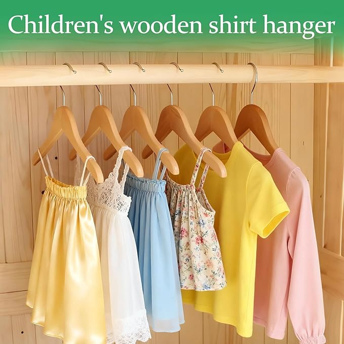 10 Pack Kids Wooden Hangers, Solid Wood Children Hanger with Notches, Baby Clothes Hanger with 360° Swivel Hook, Heavy Duty Toddler Coat Shirt Hanger for Closet, Natural Wood