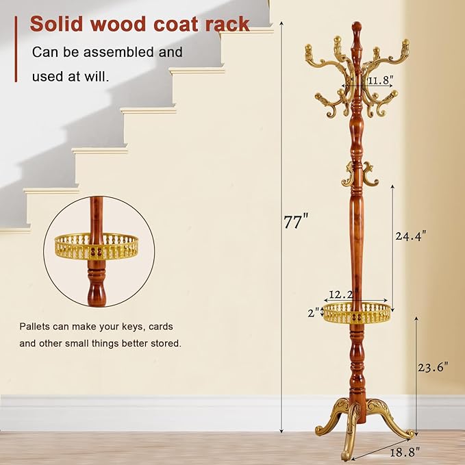 Wooden Coat rack freestanding, Coat racks stand with storage basket, Heavy duty coat tree standing with 11 Hook for Bedroom, Entryway, Hallway, Office,Stury Base (Triangle Begonia)