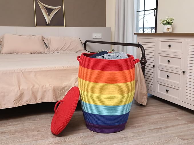 26" x 20" Handcrafted Tall Cotton Rope Basket with Lid, Stylish Flagon Shape with Cover, Clothes Hamper with Top, for Bedroom and Living Room, Rainbow