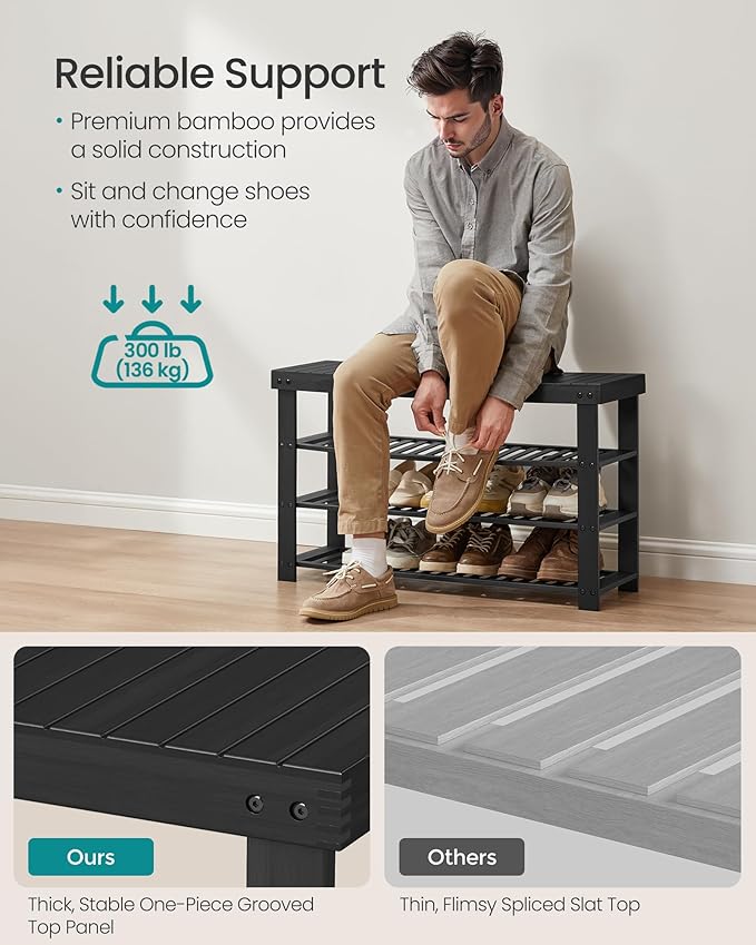 SONGMICS Shoe Rack Bench, 4 Tier Bamboo Shoe Storage Organizer, Entryway Bench, for Living Room, Bathroom, Bedroom, 11.3 x 35.2 x 20.5 Inches, Ink Black ULBS390BH01