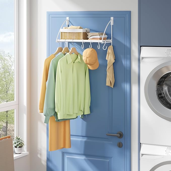 Tajsoon Over The Door Hanger with Storage Rack and 6 Hooks, Over The Door Clothes Rack for Hanging Coat, Over Door Clothes Hanger for Bathroom, Bedroom, Living Room, White
