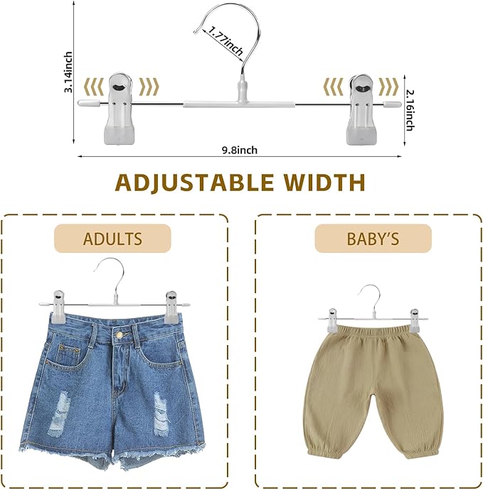 20 Pack Pants Hangers with Clips Adjustable Skirt Hangers for Women Non-Slip Trousers Hanger Heavy Duty Space Saving Shorts Hangers
