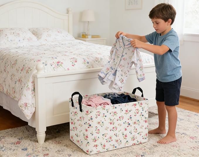 Rectangular Kids Baskets Flower Basket Cute Storage Bins Organizer Box Boys Room Decor for Home.(Dot flower)