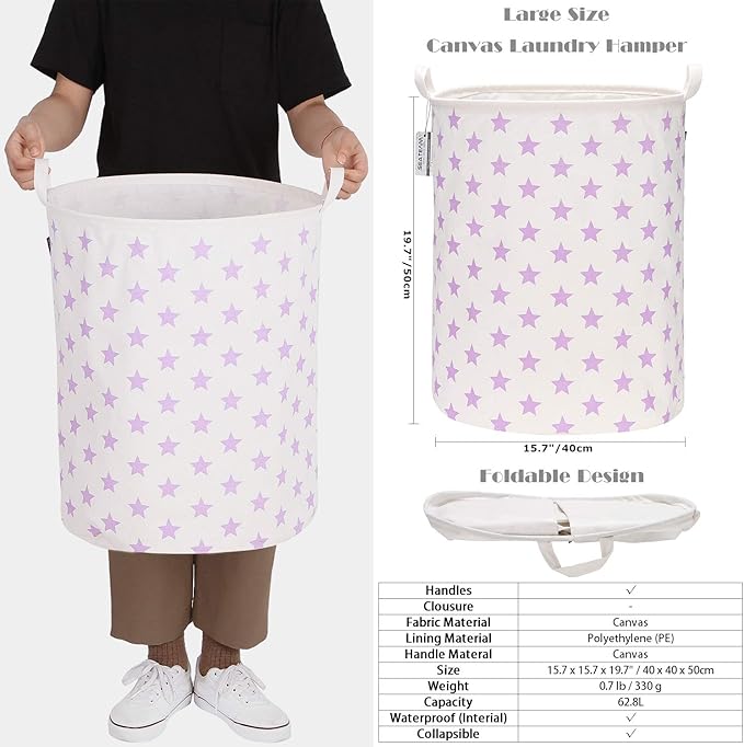 Sea Team 19.7 Inches Large Sized Waterproof Coating Ramie Cotton Fabric Folding Laundry Hamper Bucket Cylindric Burlap Canvas Storage Basket with Stylish Stars Design (19.7", Purple Star)