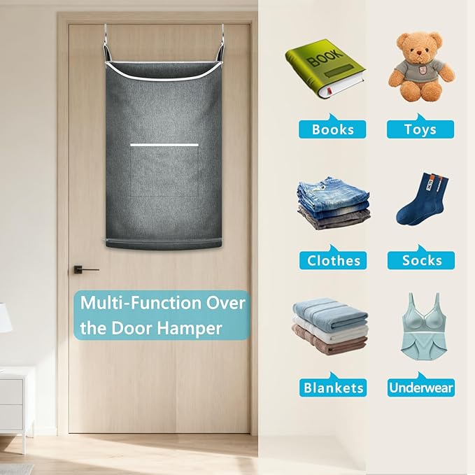 XL Large Hanging Laundry Hamper, Over the Door Laundry Bag with Zipper and Wide Open Top,Hanging Hamper for Storage Laundry, Clothes, Toys,36x 22 Inch, Heather Grey 2Pack.
