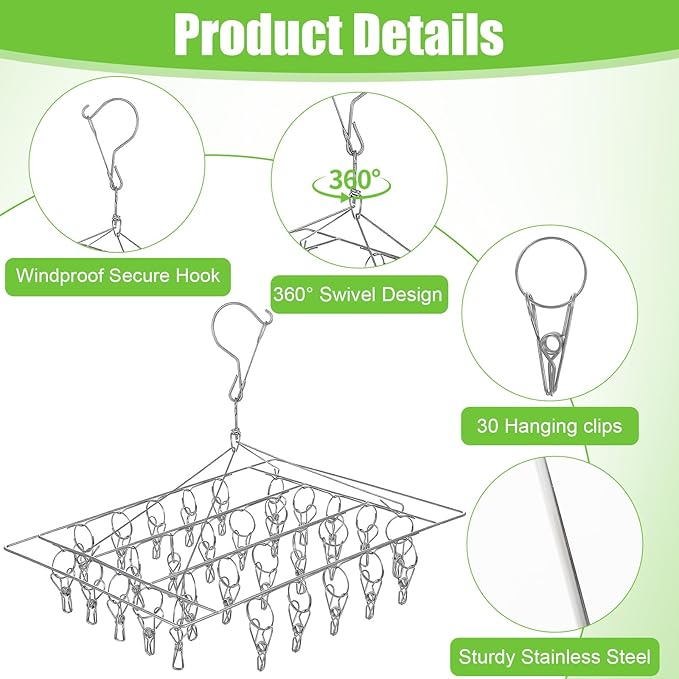 6 Pcs Stainless Steel Clothing Drying Rack, Hanging Drying Rack with Clips, Foldable Swivel Dryer Windproof Hook for Plants Flowers Towel Lingerie Sock Laundry