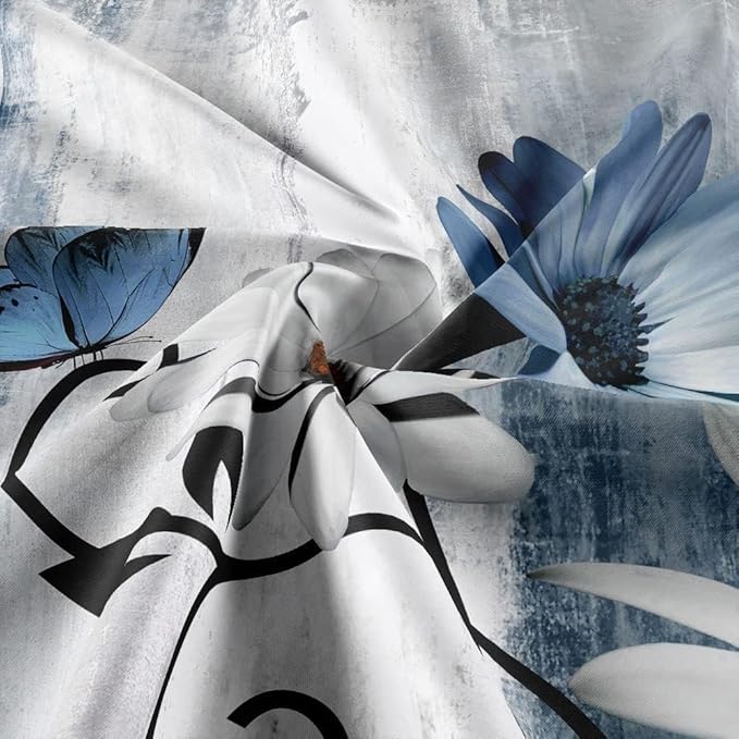 4PCS Rustic Blue Flower Farmhouse Shower Curtain Set,Waterproof Blue Daisy Floral Bathroom Decor Accessory Set