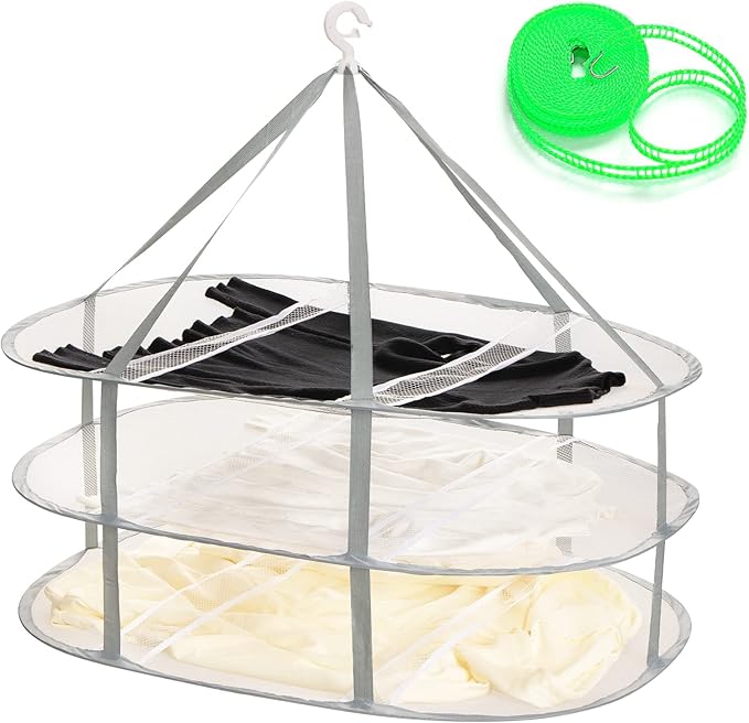 AUTODECO 3-Tier Folding Mesh Clothes Hanging Dryer, Sweater Drying Rack, Large Laundry Drying Rack, Lay fold Flat Dry Hanger, Mesh Clothes Hanging Dryer - XL(3Tier)