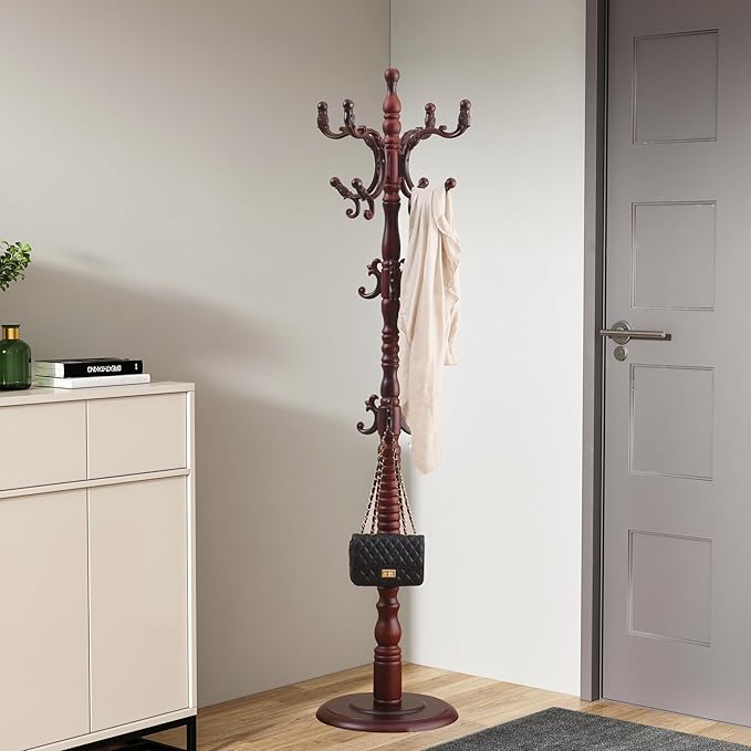 Wood Coat Rack Stand Wooden Coat Rack Freestanding Hall Coat Tree with Sturdy Round Base and 14 Hooks for Hats Bags Purses Vintage Coat Tree Hanger Stand for Entryway Hallway Bedroom, Brown