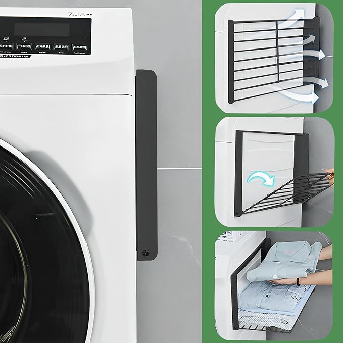 Magnetic Multi-Purpose Organizer Shelf – Space-Saving Side Storage for Washing Machine, Fridge & Bathroom, Folding Towel Rack for Laundry Room & Camper Sink Area – Black