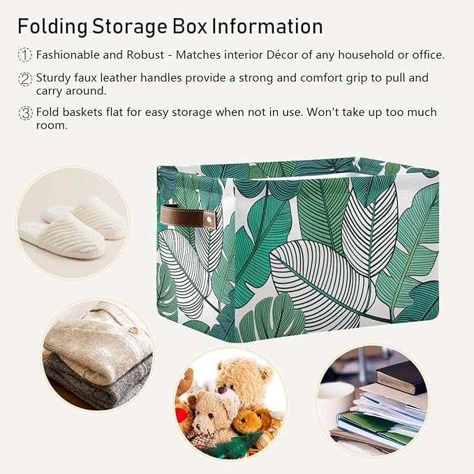 Tropical Leaves Bin - Large Storage Basket for Home Office, 15x11x9.5inch, 2PACK