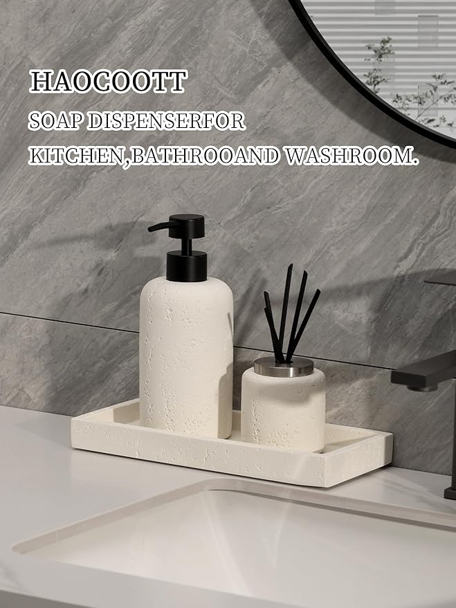 Soap Dispensers 400mL 13.5 OZ, 2 PCS Luxurious Hand Dish Lotion Shampoo Soap Dispenser Jar, Travertine Soap Pump Bottles for Kitchen Bathroom Countertop (Cream)