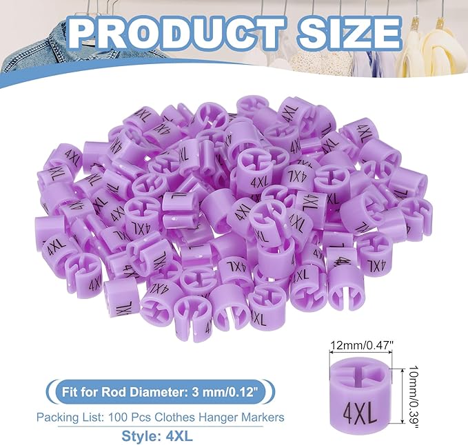 PATIKIL 100 Pcs Clothes Hanger Markers, 4XL Size Tags Fit 3mm Rod Garment Size Hanger Clips Color Coding Label for Clothing Hangers, Purple