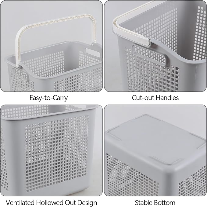 35 Liter Plastic Laundry Basket with Carry Handle, 4 Pack Clothes Hamper, Gray