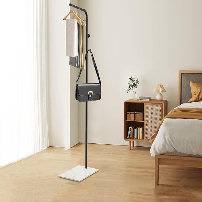 67in-Black Clothing Rack with Storage Base and Hooks, Freestanding Coat Rack Hanging Clothes, Bags, Hat and Shoes for Entryway Bedroom Garment Organizer Clothing Stores Boutique Retail