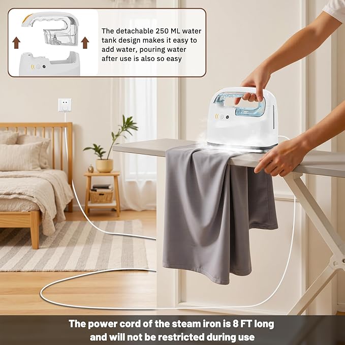 2-in-1 Steam Iron & Garment Steamer for Clothes, 0.78oz/min Powerful Steam, 35dB Quiet, 30s Heat Up, Ceramic Plate (280°F), 360° Rotation, 250ml Tank, Portable for Home Travel (New Model)