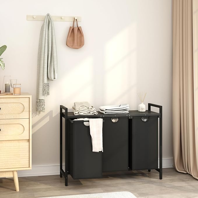 Laundry Hamper, Two -Color 3 Section Laundry Basket with 3 Removable Laundry Sorter Bags and Top Shelf, Clothes Hamper for Laundry Room, Bathroom