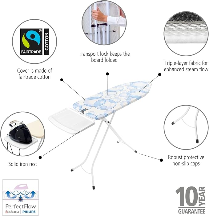 Brabantia - Ironing Board C - Extra Large Steam Iron Rest - Adjustable in Height - Non-Slip Rubber Feet - Triple Layer Cotton Cover - Foldable XL Unit - Bubbles - 124x45 cm