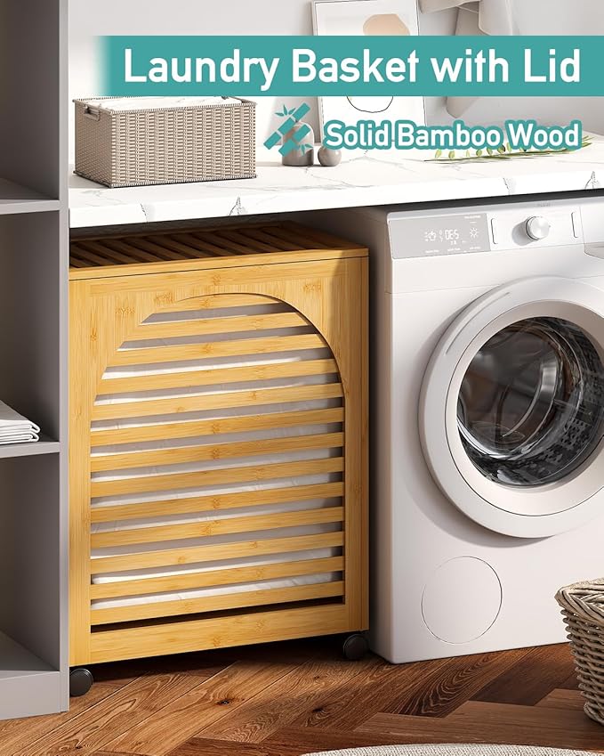 Laundry Hamper with Wheels, Large Laundry Basket with Lid, 27.3 Gallon (103.4L) Bamboo Wood Clothes Laundry Hamper 2 Section with Handles, Removable Liner