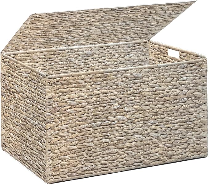 Water Hyacinth Storage Basket with Lid, 17.2 Gallon (65L) Wicker Storage Trunk with Handles, Handwoven Wicker Storage Bin for Blanket, Foldable, for Living Room, Laundry Room, White
