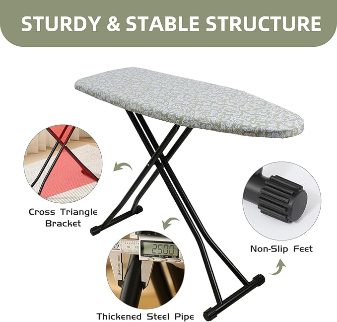 Ironing Board Adjustable Height Folding Ironing Board with Iron Pad, Heat-Resistant Cover, Thick Steel Tube Compact Iron Board (Flower)