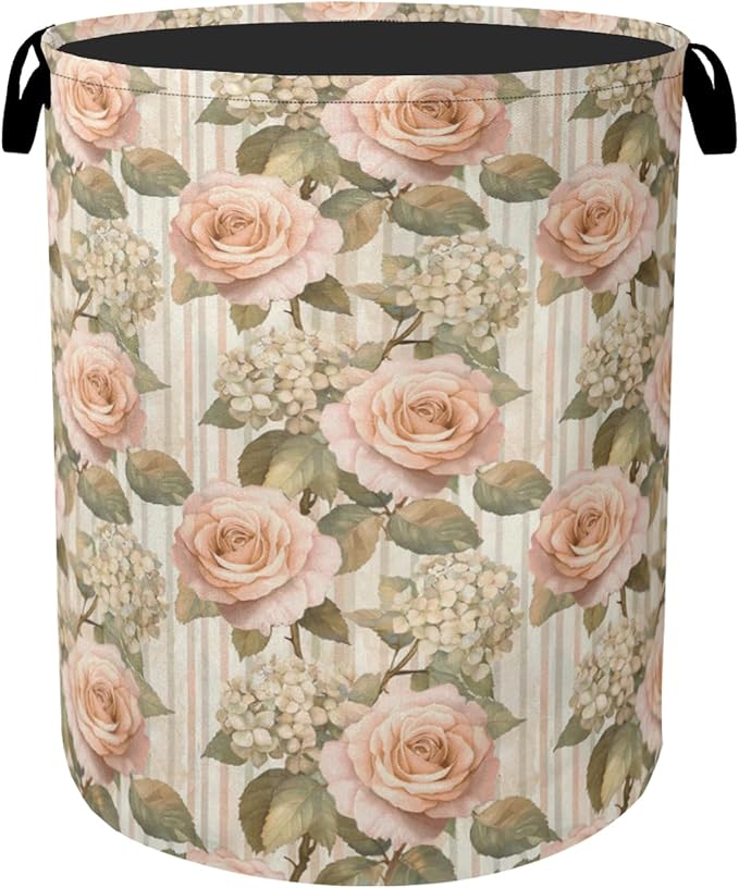 Shabby Chic Rose Laundry Basket - Heavy Duty 60L Dirty Clothes Organizer, Water Resistant Foldable Hamper for Men Women