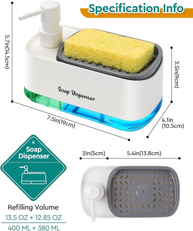 Kitchen Dish Soap Dispenser Set，Dish and Hand Soap Dispenser with Sponge Holder, 3-in-1 Countertop Sponge Dual Soap Pump Dispenser for Kitchen Sink - White