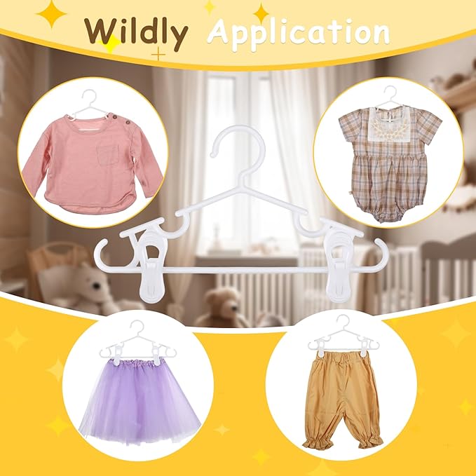 Hsei 5/10/40 Pack Baby Hangers with 10/20/80 Clips, Plastic Kids Pants Hangers for Nursery Closet Top and Bottom Clothes Hanger Set for Newborn Infant Toddler(15 Packs Total,White,10.6 Inch)