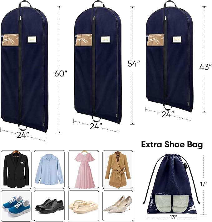 BALEINE 1PK Heavy Duty Garment Bag with Shoe Storage Travel Bag for Dresses, Suit, Coats Travel Essential (60", Blue)