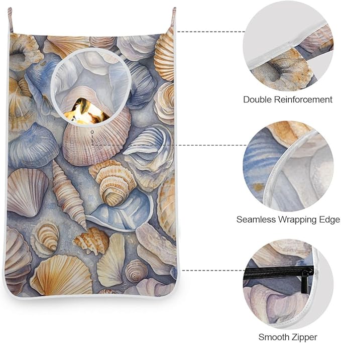 Hanging Laundry Hamper with Stainless Steel Hooks,Oxford Fabric Printing Door Laundry Clothes Bag, 29.5X20inch 2PCS Grey Shell Conch