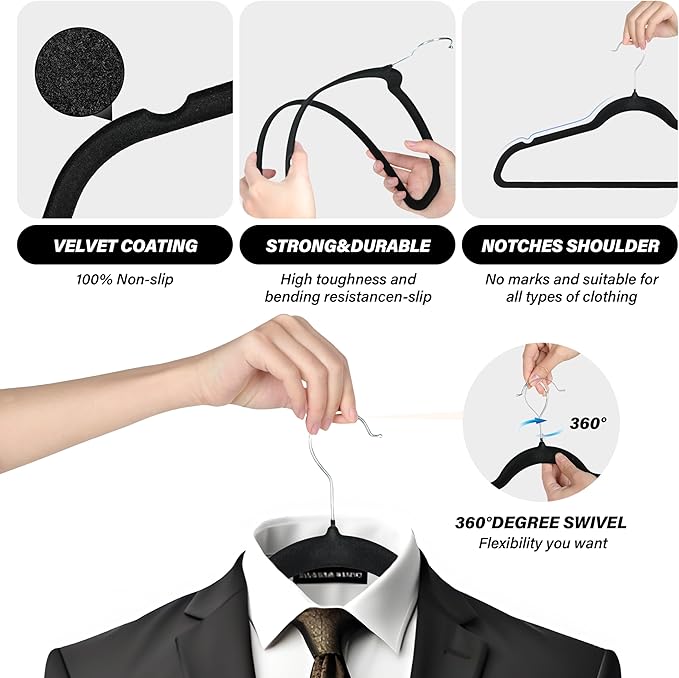 Simple Deluxe Velvet Hangers 30 Pack, Non-Slip Clothes Hangers with Shoulder Notches, 360° Swivel Hooks, Heavy Duty Coat Suit Hangers for Closet Space Saving, Black