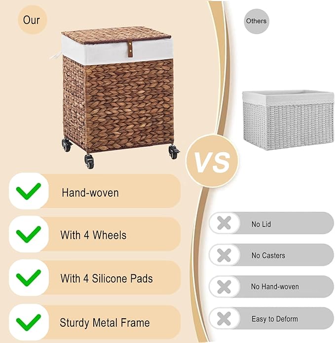 Handwoven Laundry Hamper with Wheels, Natural Water Hyacinth Rolling Laundry Basket with Lid and Removable Liner, Durable and Stylish for Bedroom, Bathroom, Laundry Room (Espresso, 65L)