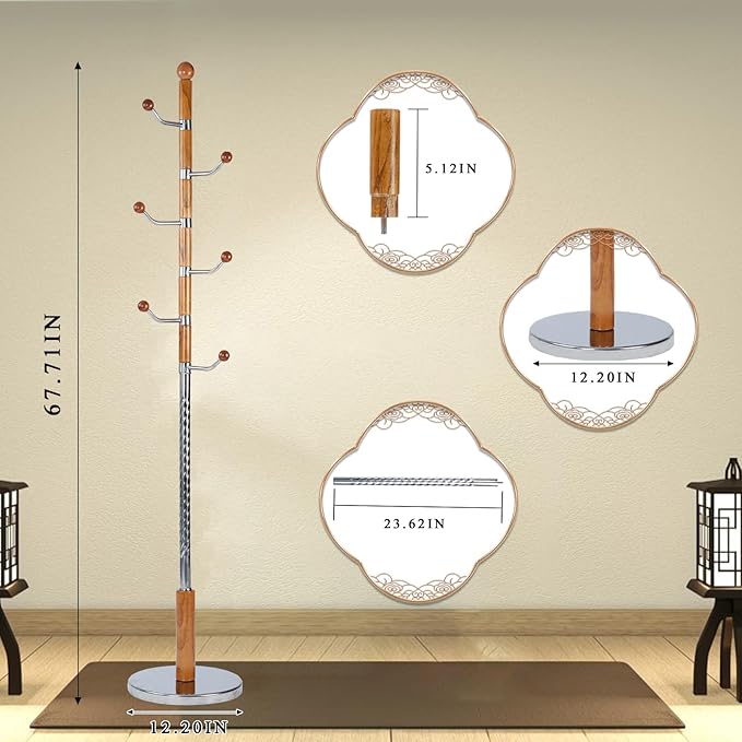 Coat Rack Freestanding, Wooden Tree Coat Rack Stand with 3 Adjustable Sizes Coat Tree and 11 Hooks, Sturdy Hall Tree with Solid Round Base for Entryway, Hallway,Bedroom (Solid Wood Metal Hook)