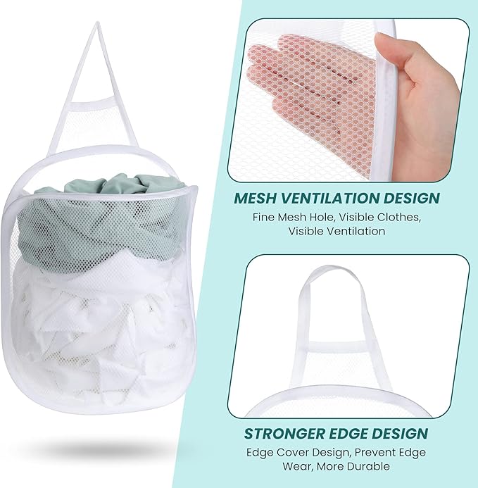 3 Pieces Hanging Laundry Hamper Laundry Bag to Hang Foldable Mesh Hamper Dirty Cloth Basket with Carry Handle Door Net for Store Cloth, Toy, Camping, Hotel Use