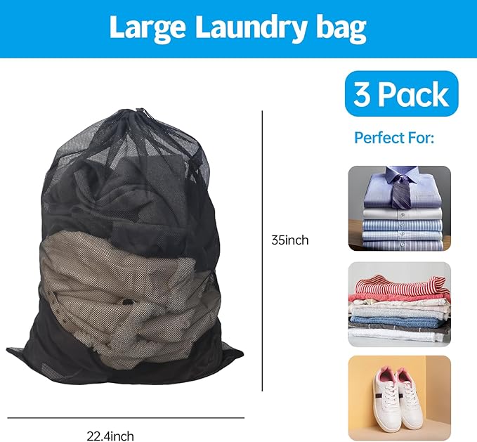 3 Pcs Mesh Laundry Bag with Secure Drawstring Closure 35 x 24 Inches Machine Washable Mesh Laundry Bags for Travel, College Dorm, Apartment (Black)