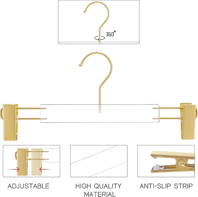 Besser Gold Clear Hangers 15 Pack,Acrylic Clothes Hangers,Skirt Dress Hanger with Gold Clips,Pants Hangers for Closet Storage