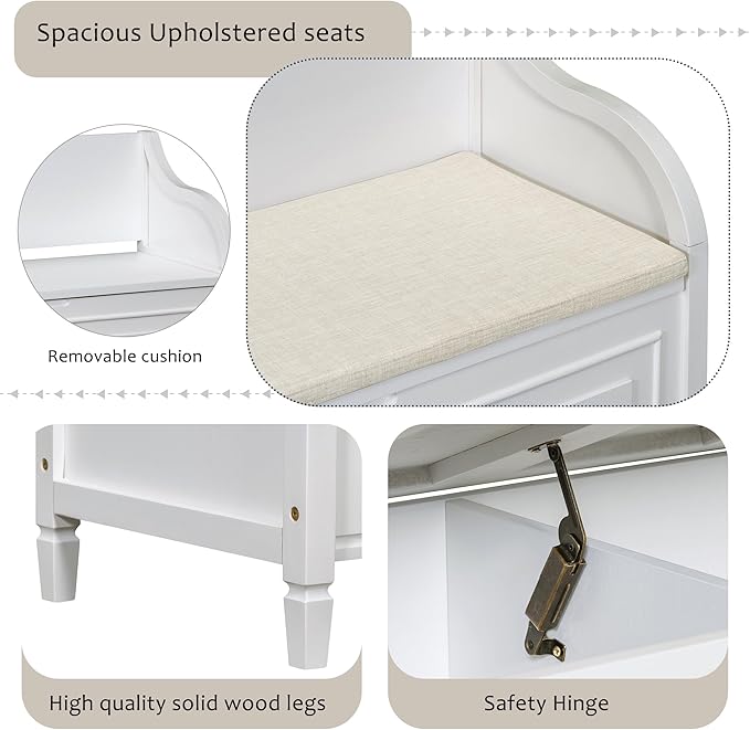 42" Rustic Storage Bench Entryway Bench Shoe Cabinet Ottoman with Safety Hinge, Removable Seat Cushion & Hidden Storage Space for Hallway Entryway Living Room Mudroom End of Bed (White)