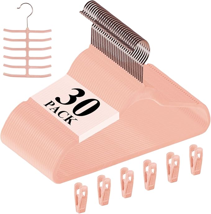 VECELO Premium Velvet Suit Heavy Duty(30 Pack) -Non Slip & Space-Saving Clothes Hangers with 6 Finger Clips & Tie Rack Excellent for Men and Women(Pink)