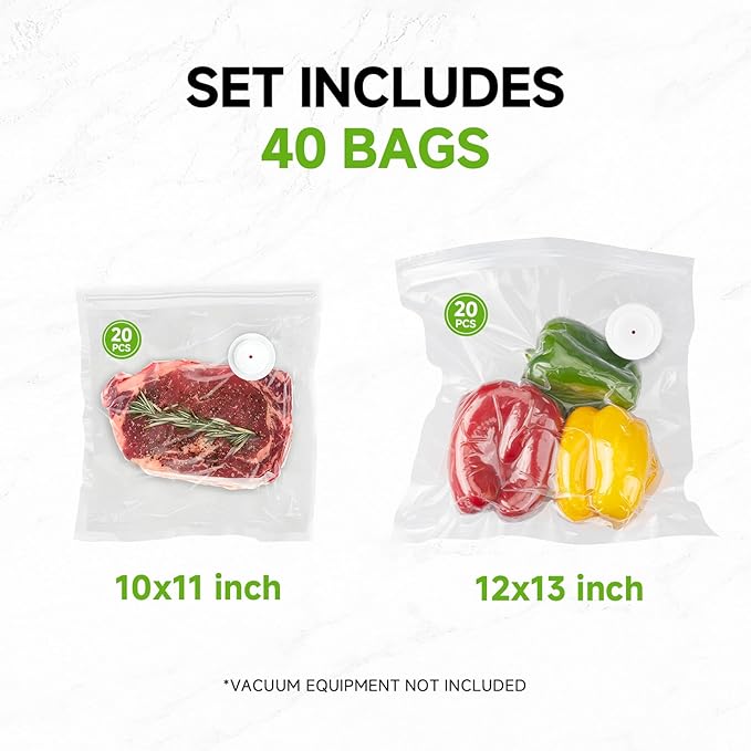 Vacuum Sealer Bags, 40 Reusable Vacuum Sealer Bags for Food, BPA-Free, Meal Prep and Sous Vide Cooking,Works for Handheld Sealer and Vac Sealer Machine with External Vacuum Systems